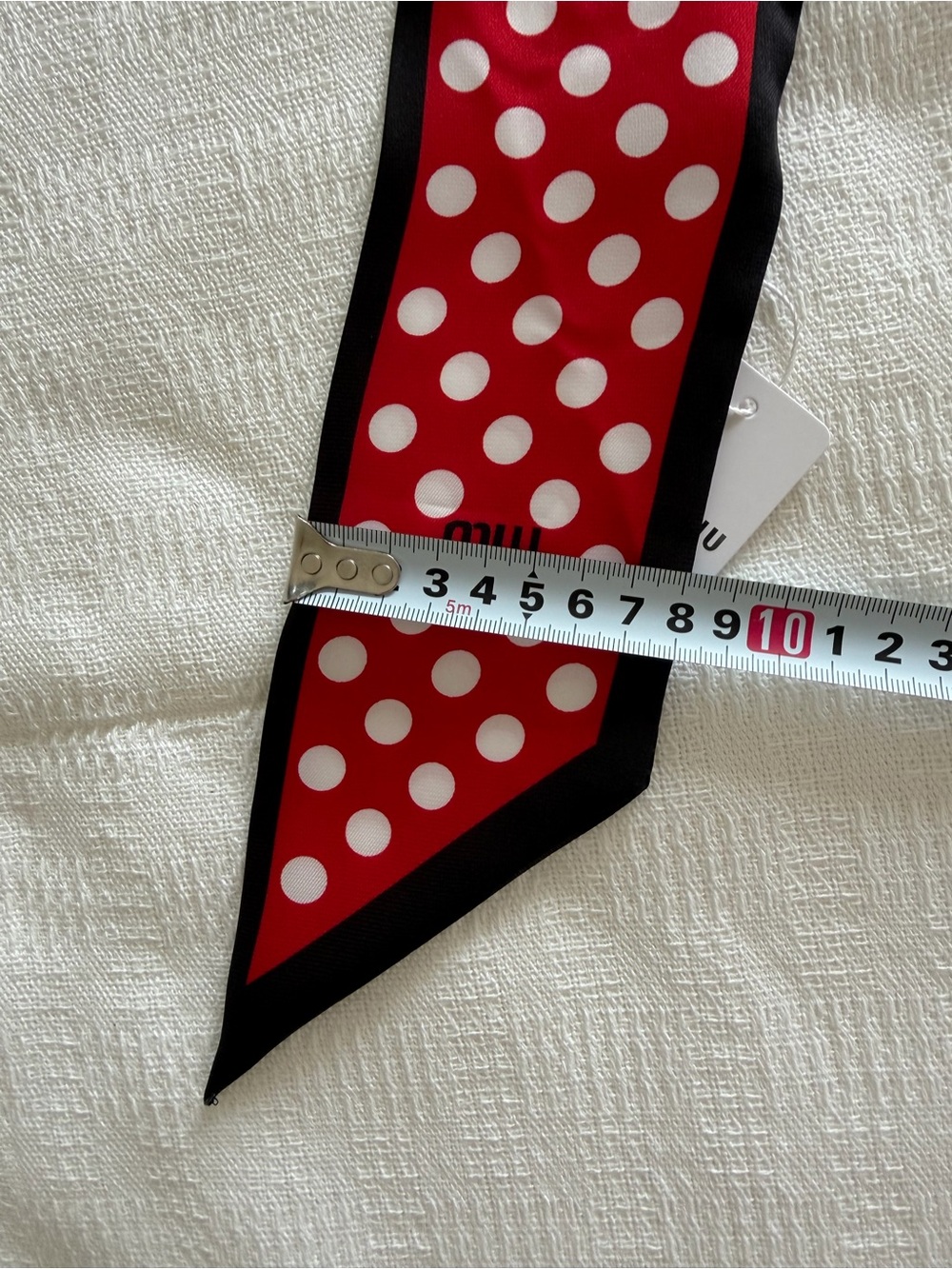 Miu Miu Red and White Polka Dot Satin Twilly with Black Trim - Picture 3 of 3